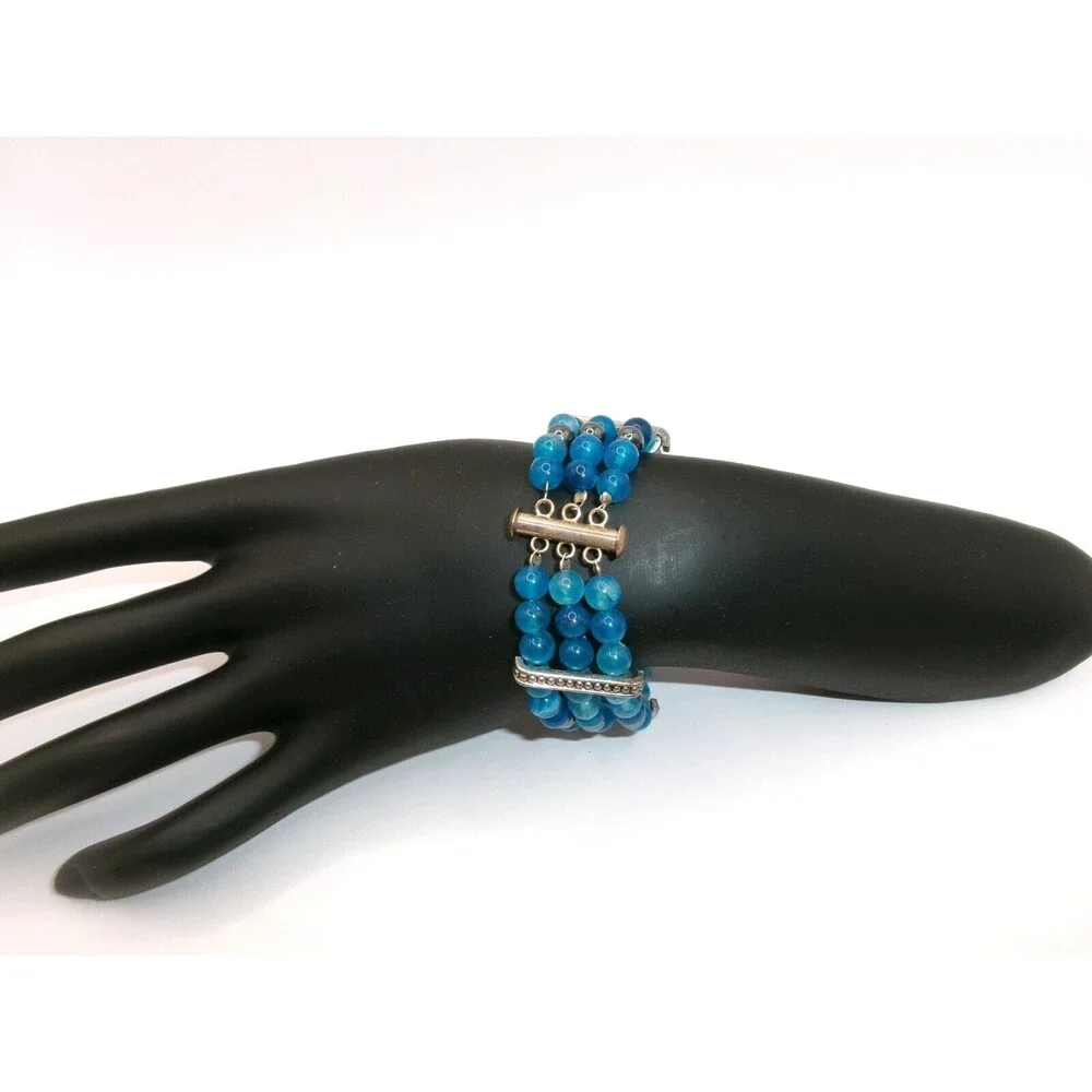 Blue Agate Beaded Bracelet 3 Strands  Hematite Silver & Gold Tone Handmade 6.5